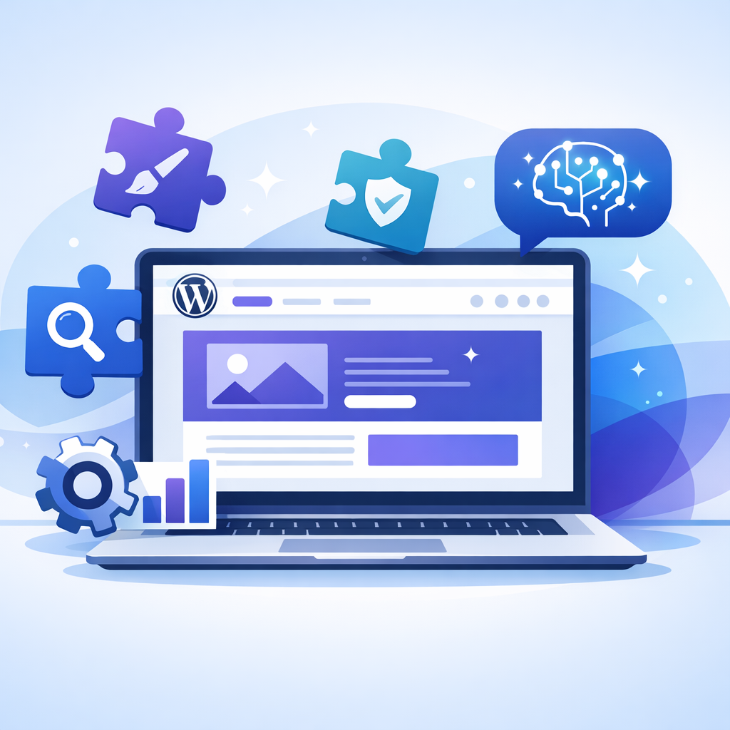 Illustration of a laptop with WordPress plugin icons, an AI chat bubble, and a dashboard gear representing website transformation