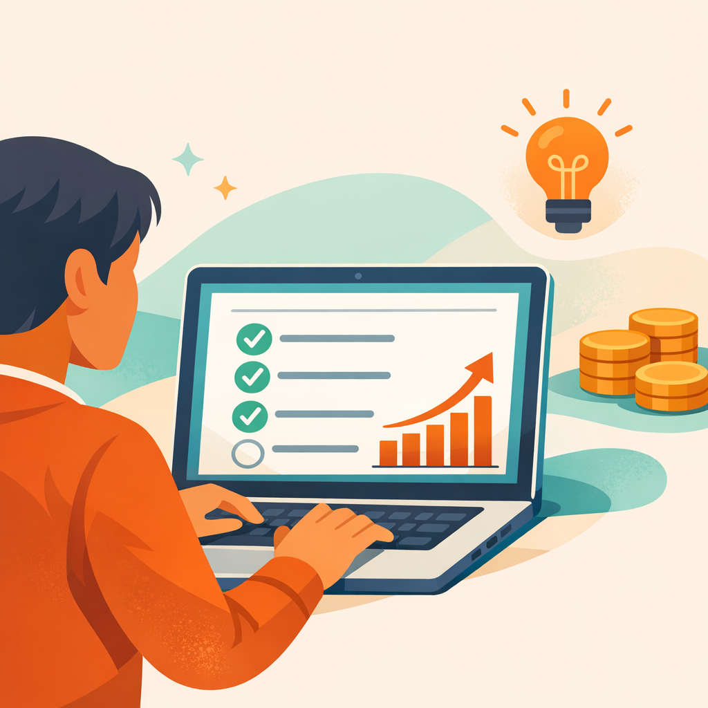 Illustration of a person creating an online course on a laptop with a checklist, curriculum outline, and a growth chart, representing building a successful course