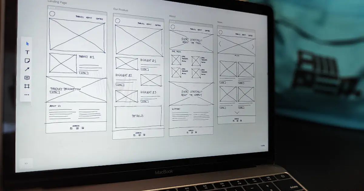 Laptop displaying a website wireframe for building profitable websites without coding in Nigeria
