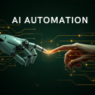 Robotic hand and human hand connecting with glowing circuits, symbolizing AI automation