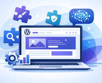 Illustration of a laptop with WordPress plugin icons, an AI chat bubble, and a dashboard gear representing website transformation
