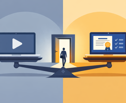 Split illustration comparing a free online course path and a paid online course path, showing a scale balancing the two leading to a hired professional
