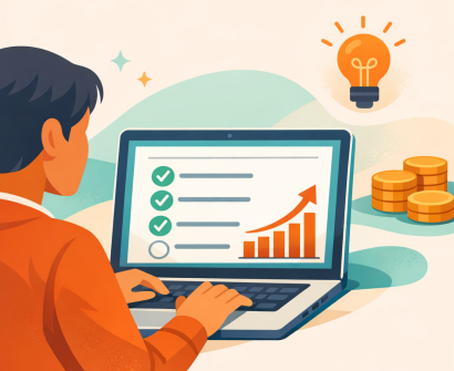 Illustration of a person creating an online course on a laptop with a checklist, curriculum outline, and a growth chart, representing building a successful course