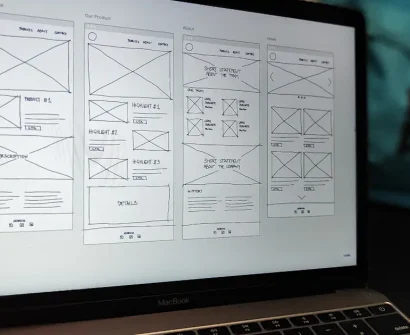 Laptop displaying a website wireframe for building profitable websites without coding in Nigeria